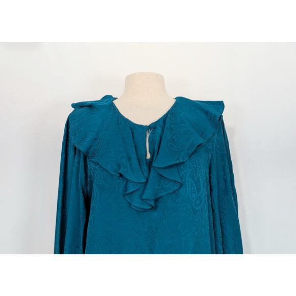Vintage 90s Blouse Teal Green Silk Paisley Ruffle Top Shirt Misses Size M New - Picture 2 of 9